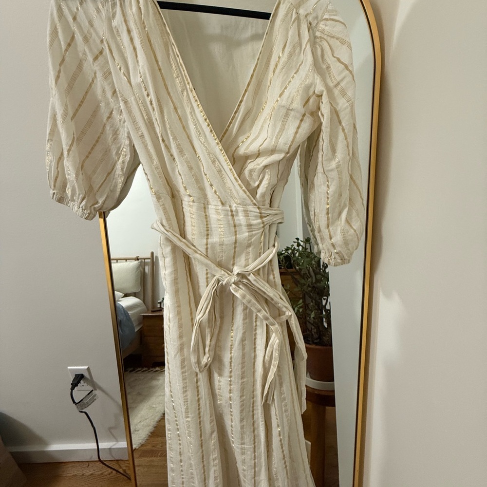 Michael Kors Cream Maxi Wrap Dress with Gold Stripes